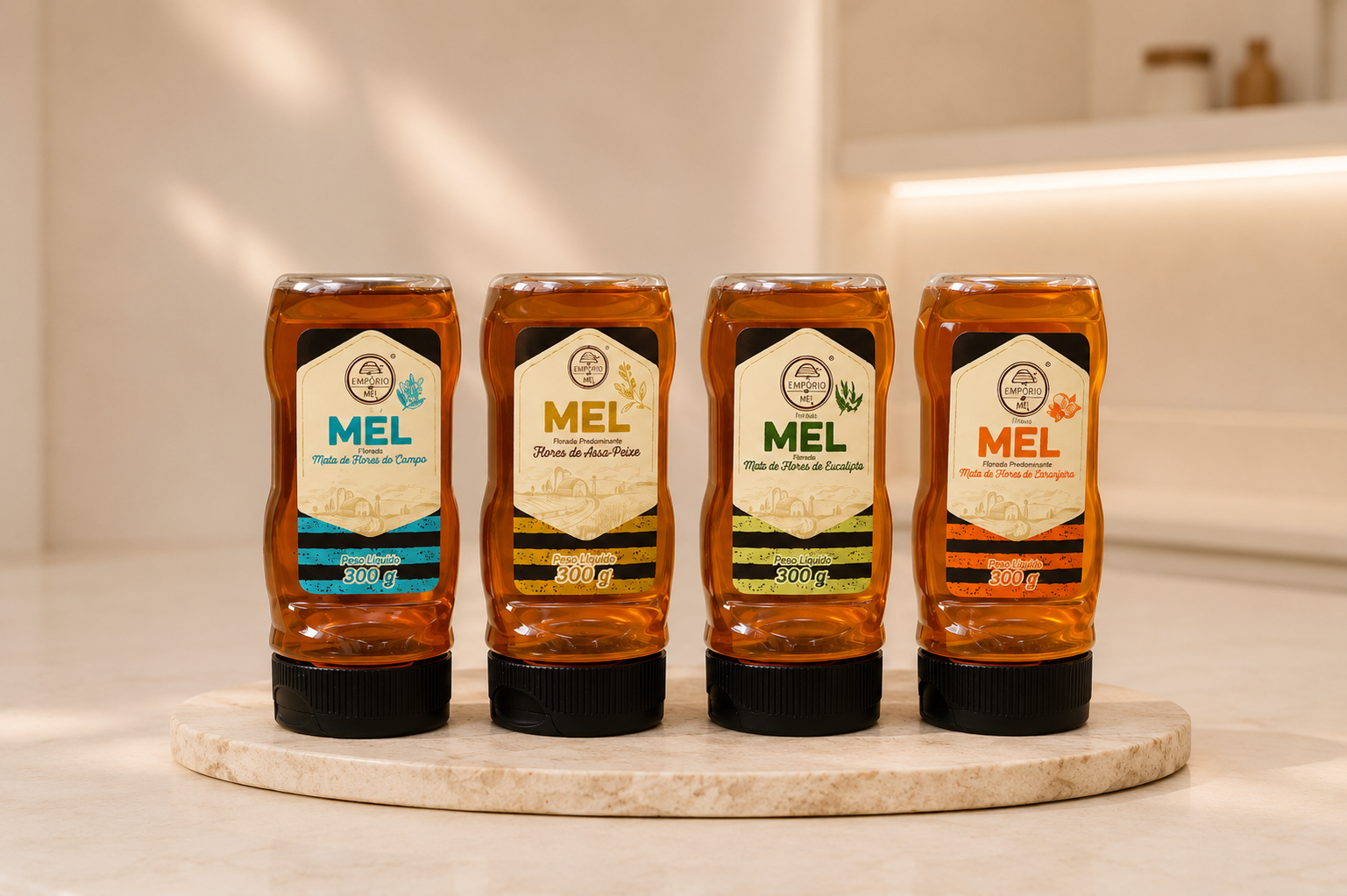 Empório do Mel — linha completa: méis por florada, bisnagas, sachês, sprays de própolis e mini méis